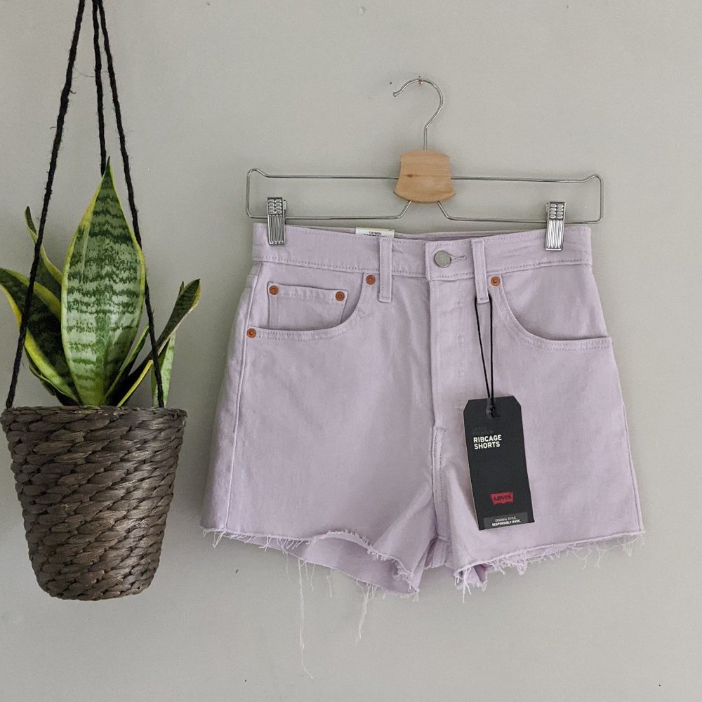 New Levi's Ribcage Chalky Lavender Frost Pastel Purple Cutoff Jean Denim Shorts - Picture 2 of 10